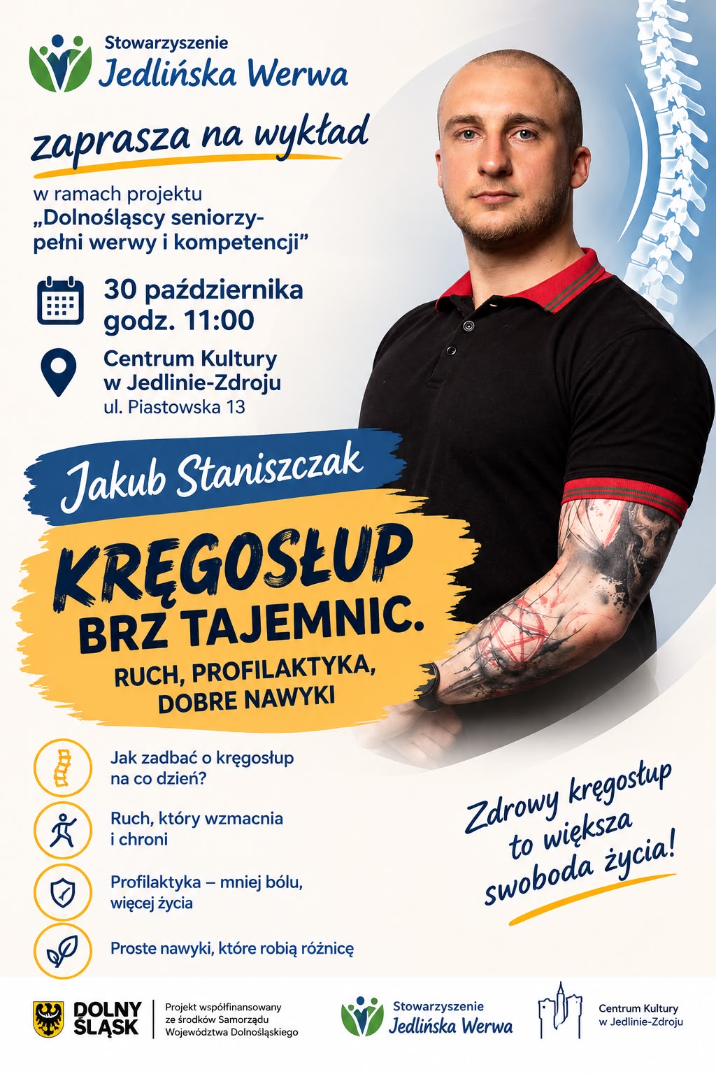 Grafika promująca wykład o&nbsp;zdrowym kręgosłupie